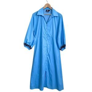 Madison Mathews Womens Midi Shirt Dress‎ Size M Blue Cotton Embroidery Button